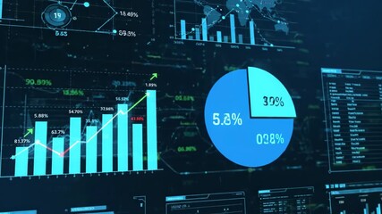 Financial Data Analysis Display - A detailed visualization of financial data is presented, including bar graphs, line graphs, and a pie chart, all displaying upward trends and key percentage values. - Powered by Adobe