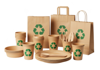 Ecofriendly disposable tableware set with recycle symbol isolated on transparent background
