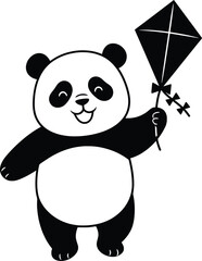 Panda Playing with a Kite in a Cartoon Style Vector Illustration for Kids, Fun Atmosphere, Whimsical Design, High-Resolution Artwork