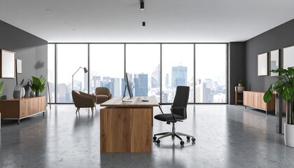 Fototapeta premium Modern Office with City View, and Desk.