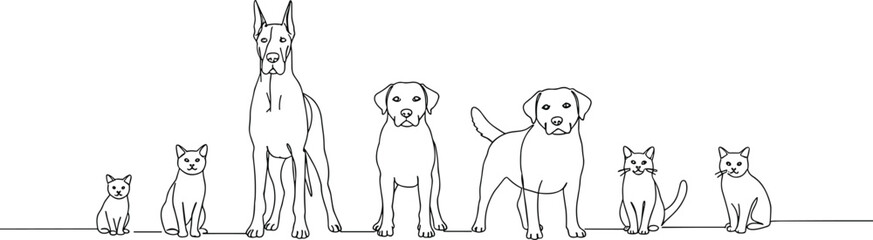 Cats and dogs silhouettes, pet lineup, domestic animals, sitting and standing poses, black vector illustration, feline and canine companions, pet art