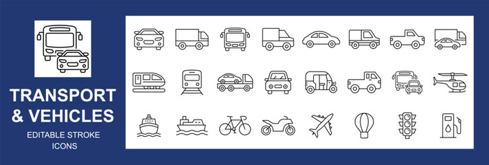 Transportation, vehicle icon set. Vector glyph pictograms of travel, logistics, public transit concepts, car, train, bus, bicycle, boat, and airplane, Editable stroke. Vector illustration