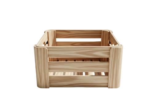 A light beige wooden crate, with its square shape and simple construction, sits against a dark background, presenting a straightforward and classic design.