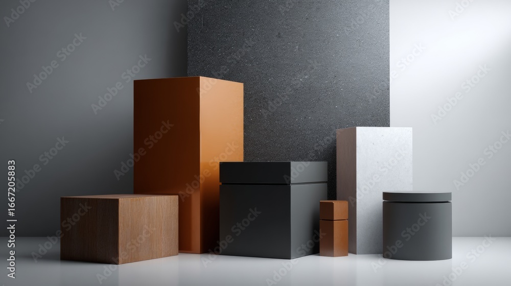 Poster Set of geometric blocks in neutral tones arranged in product mockup setting for minimal branding or design background
