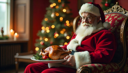 a, santa, claus, with, a, turkey, grilled, thanksgiving, christmas, new, modern, close-up, holiday, xmas, food, meal, tree, in, the, back, macro, photography, celebration, santa claus, gift, hat, cool