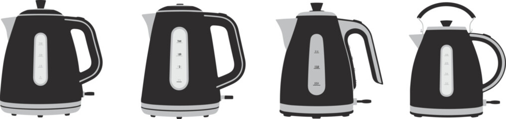 Electric kettle silhouettes, modern and retro designs, kitchen appliance set, boiling water, household device, black vector illustration, kitchenware icons