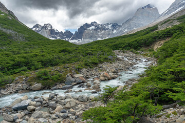 The immense and rugged Glaciar Franc&eacute;s (Frenchman's Glacier) clinging to the mountain slopes of the French Valley in Torres del Paine National Park, Patagonia.