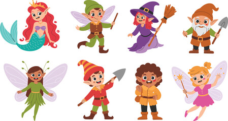 Naklejka premium Fantasy characters illustration, fairy tale creatures, magical beings, whimsical costumes, children’s storybook art, enchanted forest, playful fairies, cute elves, charming mermaid, mythical adventure