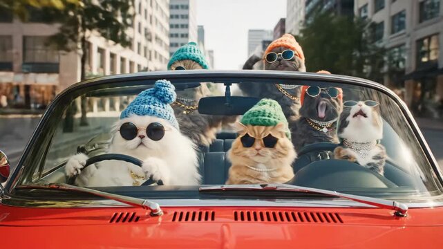 Rich Cats in a Convertible - A group of stylish cats wearing knitted hats and sunglasses enjoys a ride in a red convertible.