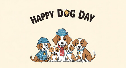 Fototapeta premium A joyful gathering of cartoon canines celebrating a special day for dogs, featuring cute illustrations of dressed-up pups in a festive scene