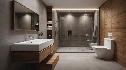 Modern bathroom with a sleek design featuring a glass shower, wooden accents, and elegant fixtures.