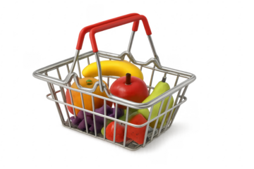Shopping basket filled with colorful 3d fruits on transparent background