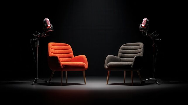 Elegant photo of two chairs and microphones in podcast or interview room isolated on dark background as a wide banner for media conversations or podcast streamers concepts with.