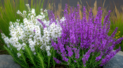 Obraz premium Close up of blooming lavender and white flowers in vibrant herb garden, surrounded by lush greenery and rocks, creating serene and colorful natural setting