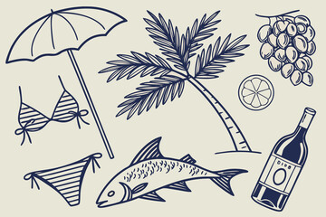 Obraz premium Italian or greek style vacation hand drawn vector illustrations in grunge chalk or charcoal rough doodle sketch style elements. Summer vacation in ink simple style. Drawings for poster, placard print.