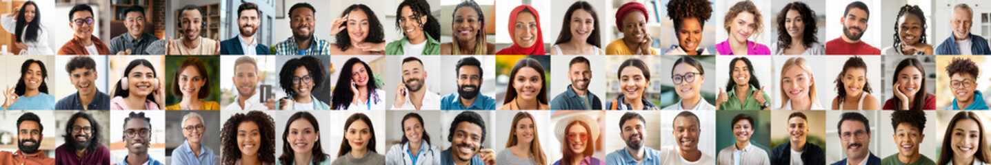 A cheerful collection of faces representing various cultures and backgrounds, each person displays joy and positivity. This lively montage celebrates diversity and togetherness in a casual setting.