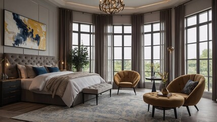 Elegant modern bedroom featuring a luxurious bed and stylish seating in a bright, airy space.