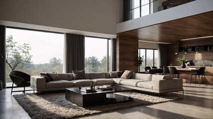 Stylish modern living room featuring a large beige sofa and wooden accents, bathed in natural light.