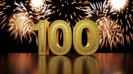 Shiny golden 100 anniversary number with sparkling fireworks in background, festive celebration design for jubilee and birthday - Powered by Adobe