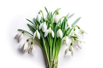Fototapeta premium Elegant bunch of fresh white snowdrop flowers against a white background