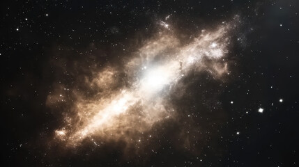 Fototapeta premium Luminous galactic nebula with glowing golden and white hues stretches across star filled cosmic background, showcasing intricate celestial details and infinite sense of wonder