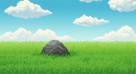 Pixel art of a rock with grass around it in a bright countryside setting