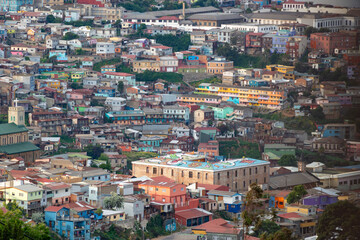 The iconic colorful and eclectic houses built on the steep hills of the historic port city of Valparaiso, Chile, a UNESCO World Heritage Site