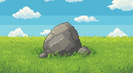 Pixel art of a rock with grass around it in a bright countryside setting