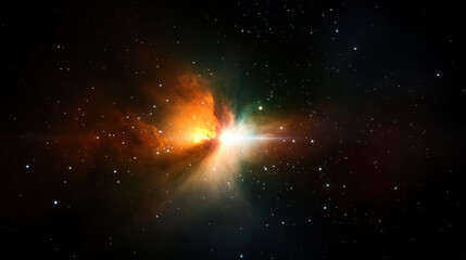 Vibrant cosmic nebula with intense light core radiates in center, surrounded by colorful gas clouds and countless stars in vastness of space