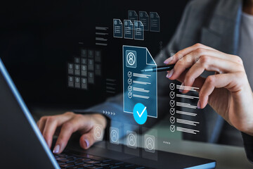 Businessperson reviewing digital resumes HR tech recruitment