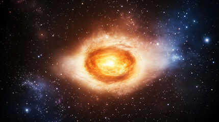 Fototapeta premium Vibrant cosmic scene featuring intense orange and yellow glowing nebula surrounded by blue and pink star filled space, evoking sense of wonder and mystery