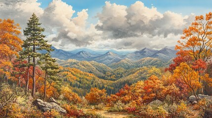 Fototapeta premium The Blue Ridge Mountains provide the backdrop for this wide angle shot of the tiered hills and valleys of the Great Smoky Mountains National Park