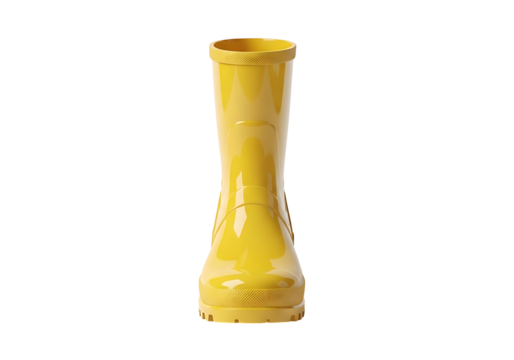 A single, vibrant yellow rubber boot stands out against a pure black backdrop.