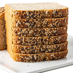 Delicious stack of sliced multigrain bread packed with seeds and grains for healthy eating transparent background