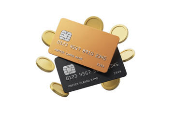 3d icon of two credit cards and gold coins isolated on transparent background