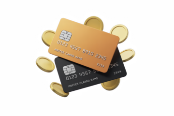 3d icon of two credit cards and gold coins isolated on transparent background