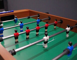 Fototapeta premium Close-up of a foosball table with red and blue players ready for a game
