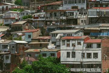The iconic colorful and eclectic houses built on the steep hills of the historic port city of Valparaiso, Chile, a UNESCO World Heritage Site