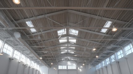 Daylightintegrated lighting system capturing natural light through skylights lowconsumption bulbs highlighted in focus while the bright warehouse ceiling fades gently into the