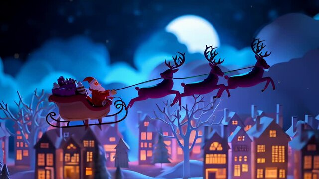 A Christmas scene with Santa Claus riding a sleigh with reindeer. The image is a drawing of a city with houses and trees, and the sky is dark. Scene is festive and joyful