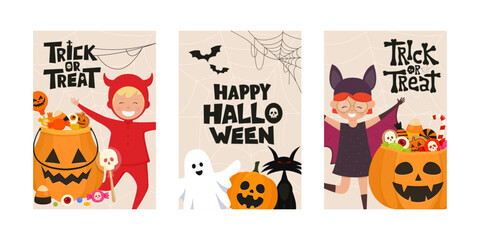 Set of Happy Halloween and Trick or Treat greeting cards. Celebration party invitations or poster designs. Traditional symbols. Vector illustration.