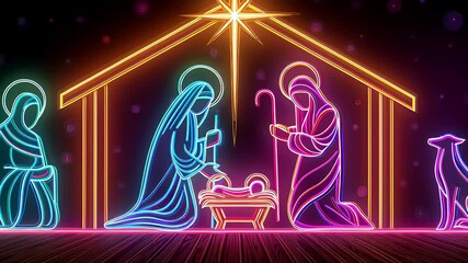 A neon nativity scene with a man, woman, and dog. The man is kneeling and holding a book, while the woman is kneeling and holding a book. The dog is standing next to the woman. The scene is colorful