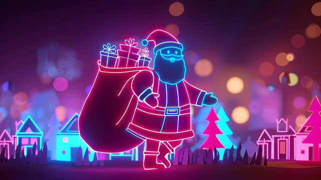 A neon image of Santa Claus holding a red bag and standing in front of a city. The city is lit up in neon colors, giving it a festive and lively atmosphere