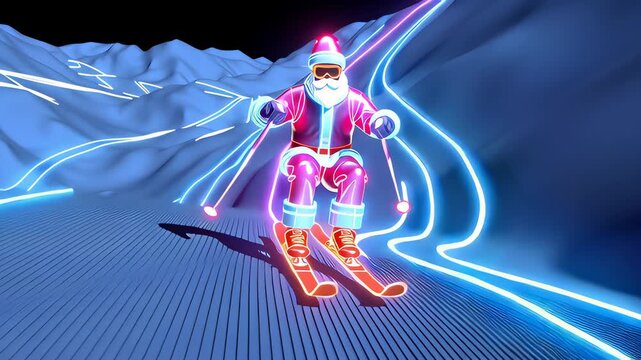 A neon ski slope with a man in a Santa suit skiing down it. The man is wearing skis and goggles