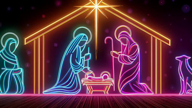 A neon nativity scene with a man, woman, and dog. The man is kneeling and holding a book, while the woman is kneeling and holding a book. The dog is standing next to the woman. The scene is colorful