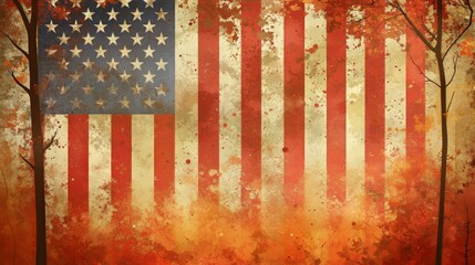 An American flag with faded colors lies over a picturesque autumn scene, creating a sense of patriotism and nostalgia