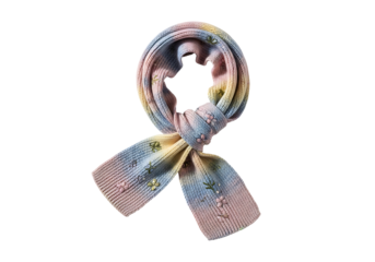 A tied, ribbed scarf displays a vibrant tie-dye design with embroidered floral accents.