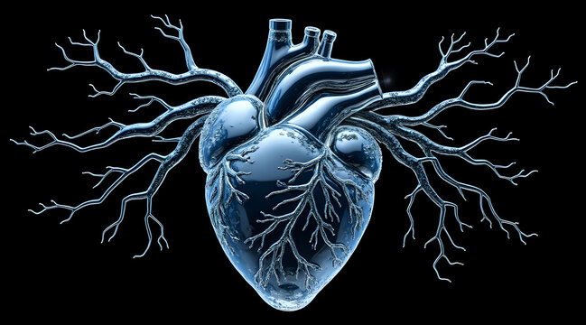 Biomechanical glass heart with metallic crystall branches extending from sides, glowing softly against black background