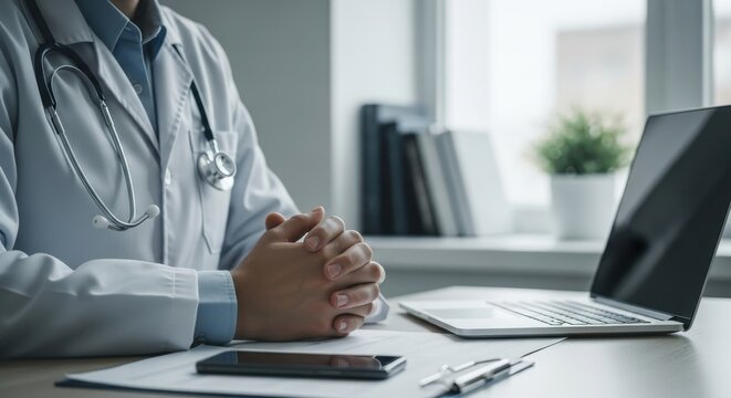 Doctor in a consultation room with a laptop and medical equipment - Powered by Adobe
