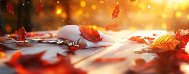 A cozy festive atmosphere is created by the elegant autumn table setting, which features vibrant fall leaves, a white napkin, and soft lighting